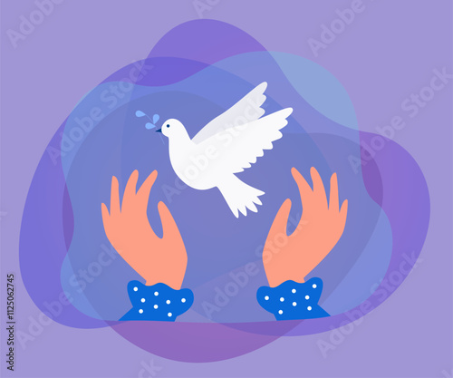 Flying peace dove in human hands flat vector illustration. White pigeon or bird with olive branch as symbol of freedom, hope or love. Purity, harmony, innocence concept