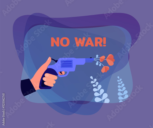 Gun with flowers in muzzle in hand flat vector illustration. No war phrase on blue background. Peace, freedom, nation, patriotism, aggression, military conflict concept