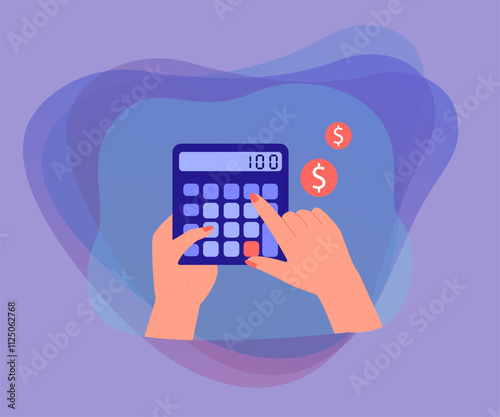 Finger pressing buttons on calculator. Person counting income, planning household or company budget flat vector illustration. Finances, calculation concept for banner, website design or landing page