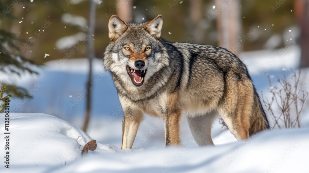 Naklejka premium A Majestic Wolf Howling Amidst Gently Falling Snowflakes Under the Full Moon, Creating a Serene and Mystical Winter Scene in a Forest Clearing