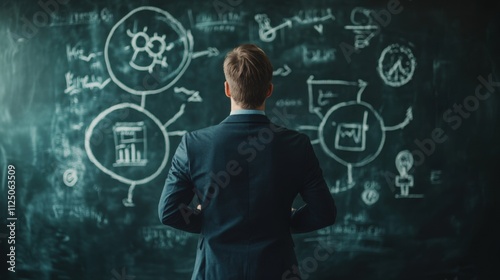 Professional in Navy Blazer Facing Chalkboard: Cyclical Product Development Process with Stage-Gate Symbols and Iterative Improvement Arrows. High-Quality Visual.