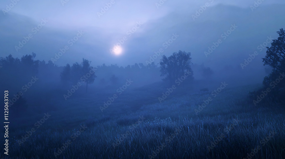 Naklejka premium Foggy fields at twilight with a cool blue hue in the sky.