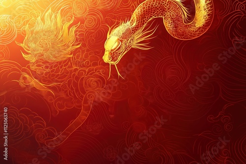 A coiled golden snake amidst red and gold abstract dragon motifs, evoking mythology, power, and cultural symbolism. photo