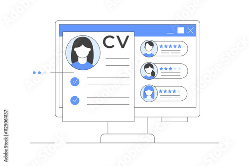 Choosing Best Candidate for Job. Hr  Searching New Employee. Recruitment Process. Profiles of different people on computer screen. Cv resume. Flat Cartoon Vector Illustration, icon. Stylish abstract