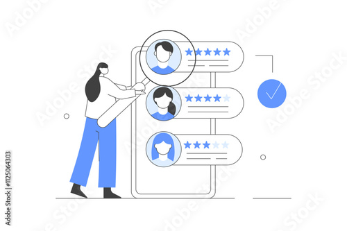 Woman Character Choosing Best Candidate for Job. Hr Manager Searching New Employee. Recruitment Process. Human Resource Management and Hiring Concept. Flat Cartoon Vector Illustration, icon. Stylish 