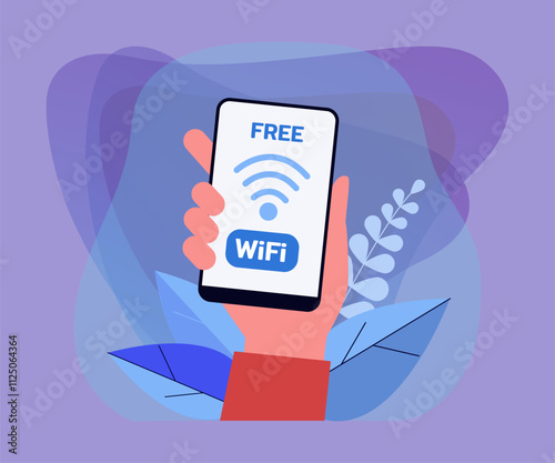 Hand holding smartphone with free Wi-Fi symbol on screen. Person connecting to public internet without password flat vector illustration. Network connection concept for banner or landing page