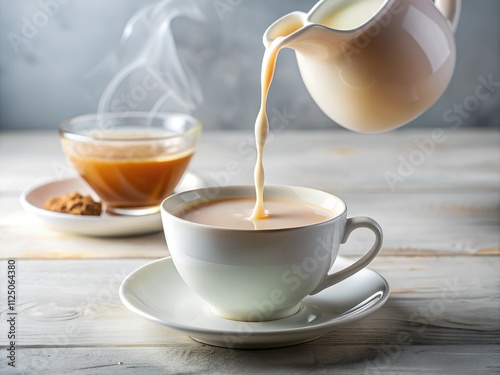 Delicate curls of steam rise from the freshly brewed chai as creamy milk cascades into a white cup. A bowl of aromatic spices invites warmth and comfort on a serene afternoon photo