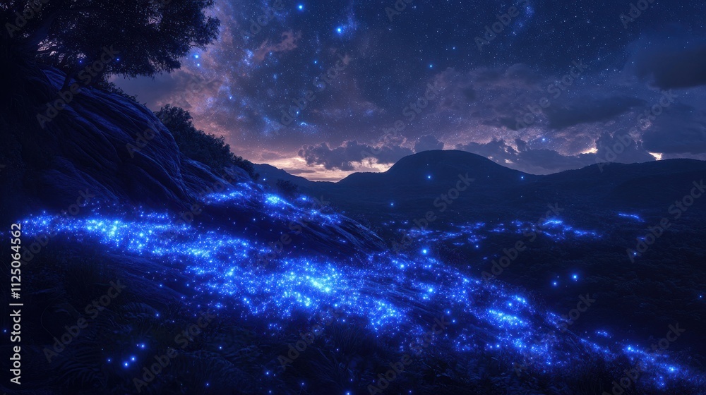 Magical blue fireflies illuminate a night landscape.