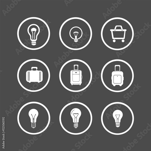 Travel idea icon set, bulb, luggage, cart