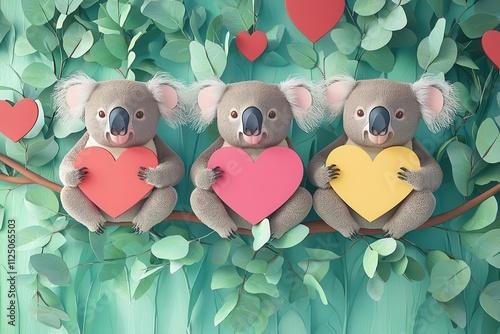 Koalas with heart signs, lounging on eucalyptus branches, festive Valentine's forest, 3D illustration photo