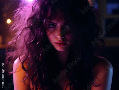 mysterious woman with dramatic curls in the shadows