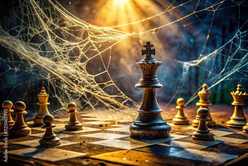 Conceptual Chessboard in Dust and Cobwebs: A Rotating Scene Illuminated by a Ray of Light on a Dark Background, Symbolizing Time and Forgotten Strategies