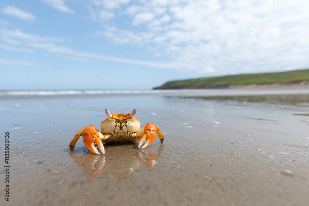 Obraz premium Burrowing Behavior. A vibrant crab walks along a sandy beach with gentle waves lapping in the background under a bright sky.