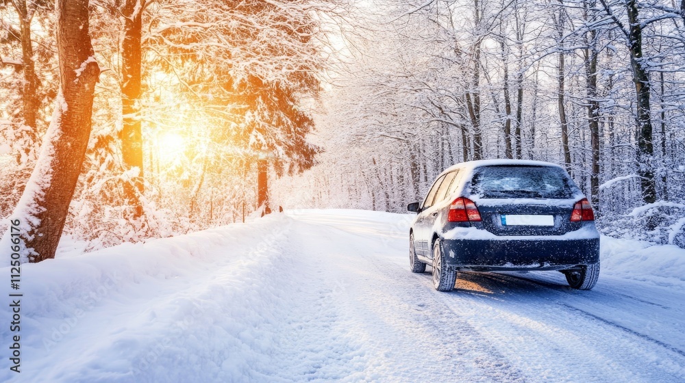 Winter Driving Car Traveling Snowy Road Through a Sunlit Forest in the Winter Season. Winter Driving Car Traveling Snowy Road Through a Sunlit Forest in the Winter Season.