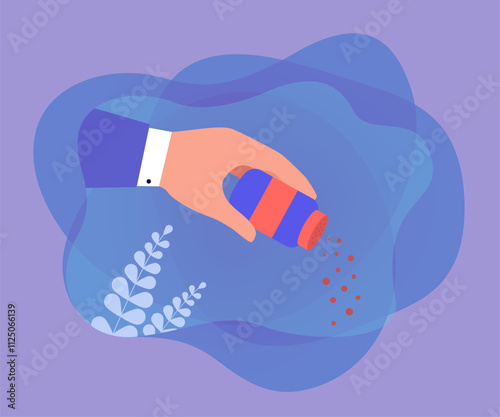 Hand of employee holding bottle of black pepper to sprinkle food. Person seasoning, adding spice flat vector illustration. Cooking, office lunch concept for banner, website design or landing web page
