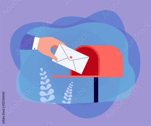 Hand of postman putting letter or envelope into open mailbox. Courier delivering mail flat vector illustration. Correspondence, communication, profession, newsletter concept for banner, website design