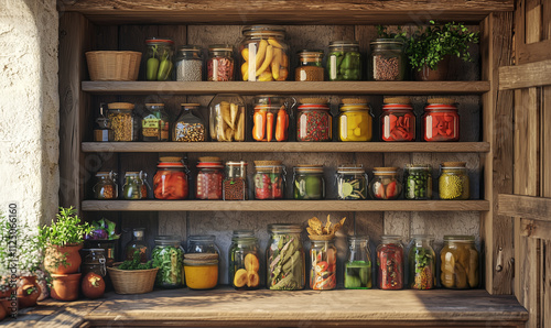 Wallpaper Mural A rustic shelf displays neatly organized jars filled with colorful preserved vegetables, fruits, and herbs, evoking a warm, homey feel. Torontodigital.ca