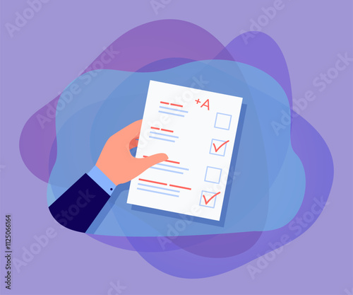 Hand of student holding test or exam paper with excellent mark. Sheet of paper with checkboxes and checks flat vector illustration. Education, success concept for banner or landing web page
