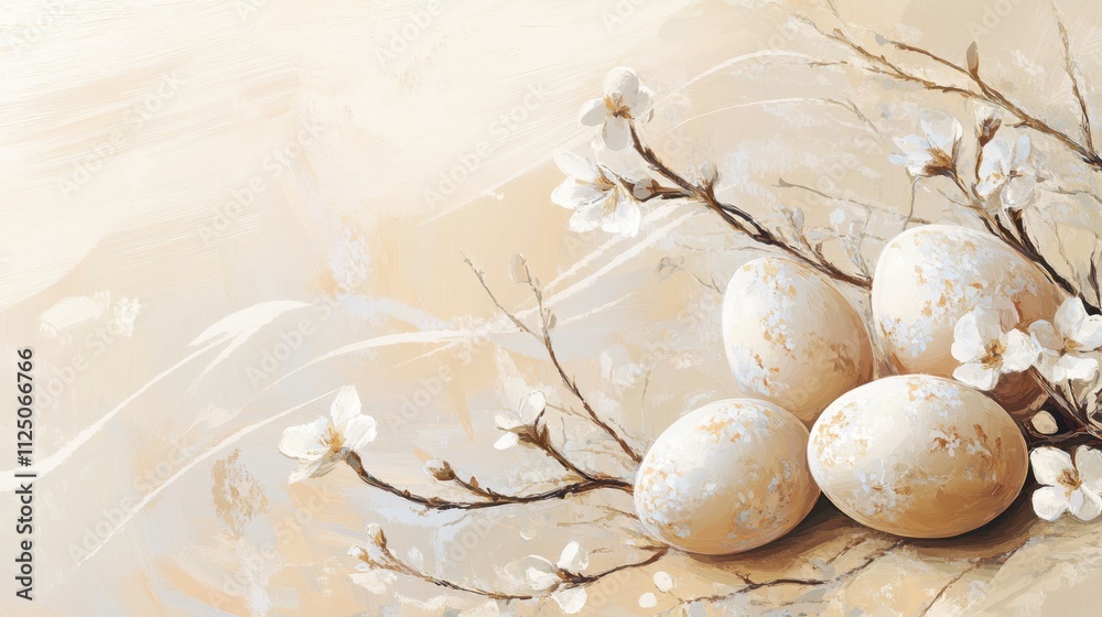 Elegant Still Life of Decorative Eggs and Blooming Cherry Blossoms Elegant Still Life of Decorative Eggs and Blooming Cherry Blossoms