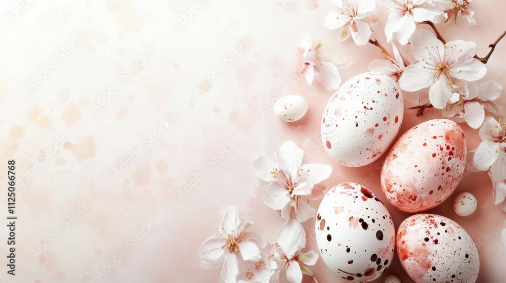 Delicate Cherry Blossoms and Easter Eggs on Soft Pink Background Delicate Cherry Blossoms and Easter Eggs on Soft Pink Background