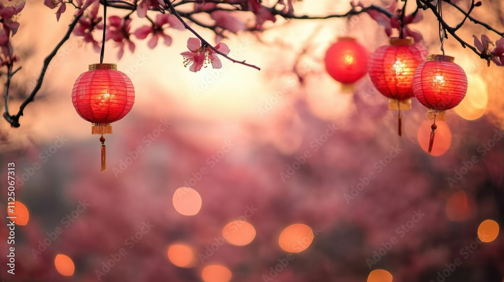 Romantic Cherry Blossom Lanterns at Sunset: Perfect for Seasonal Decor or Event Invitations, Chinese Lunar New Year Celebration Romantic Cherry Blossom Lanterns at Sunset: Perfect for Seasonal Decor or Event Invitations, Chinese Lunar New Year Celebration
