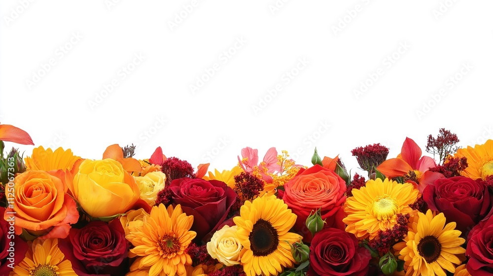 Fototapeta premium A bright floral arrangement with red roses, orange sunflowers, and yellow blossoms, showcasing warmth and vibrancy.