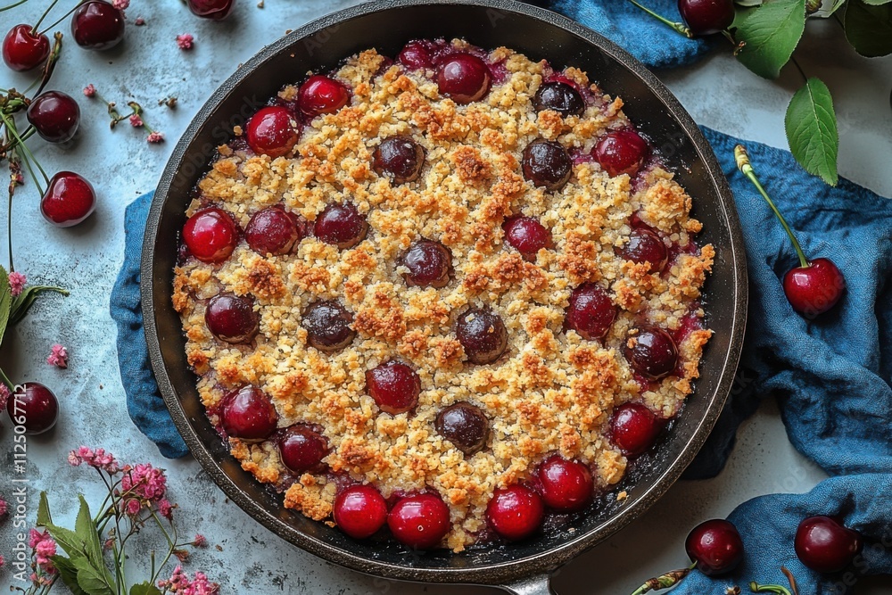 Cherry crumble dessert with a golden topping surrounded by fresh flowers and vibrant cherries, ideal for food blogs, recipe designs, and creative photography.
Cherry crumble dessert with a golden topping surrounded by fresh flowers and vibrant cherries, ideal for food blogs, recipe designs, and creative photography.