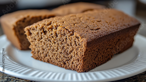 Freshly baked brown bread loaf sliced and served on white plate, showcasing its soft texture and rich color, perfect for breakfast or snacks