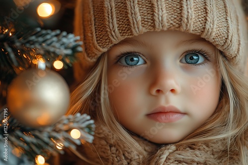 A young girl with blonde hair and blue eyes gazes thoughtfully towards the camera, adorned in warm knitwear against a backdrop of a glowing Christmas tree.