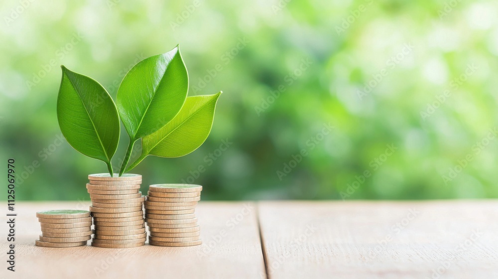 Green Leaves Growing from Stacks of Coins on Wooden Table with Blurred Natural Background for Financial Growth Concept Green Leaves Growing from Stacks of Coins on Wooden Table with Blurred Natural Background for Financial Growth Concept