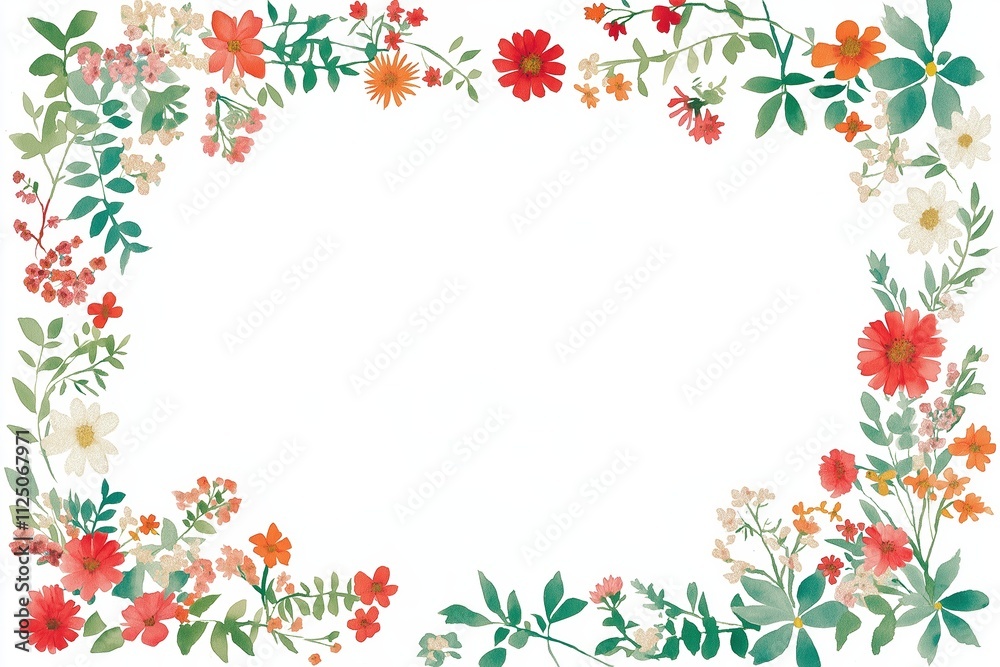 A minimalist floral border with delicate wildflowers in red, orange, and white, creating a fresh and natural look. A minimalist floral border with delicate wildflowers in red, orange, and white, creating a fresh and natural look.