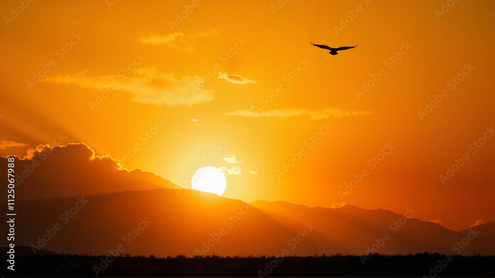 Sunset with a bird flying against an orange sky Sunset with a bird flying against an orange sky