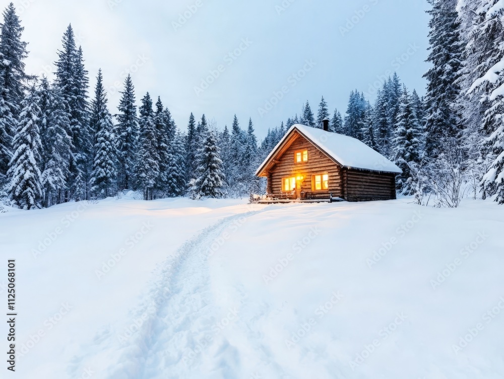Idyllic scene of Cozy Winter Cabin Retreat Idyllic scene of Cozy Winter Cabin Retreat