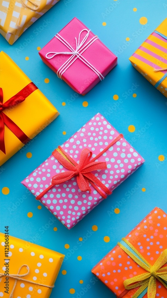 Colorful gift boxes with ribbons and polka dots on a blue background create a vibrant and festive theme, ideal for celebrations, parties, birthdays, or special occasions. Colorful gift boxes with ribbons and polka dots on a blue background create a vibrant and festive theme, ideal for celebrations, parties, birthdays, or special occasions.