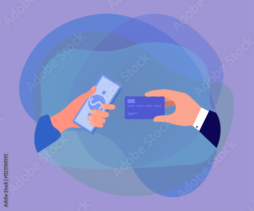 Hands exchanging banknotes for credit card. Person depositing money or cash in bank flat vector illustration. Finances, banking concept for banner, website design or landing web page