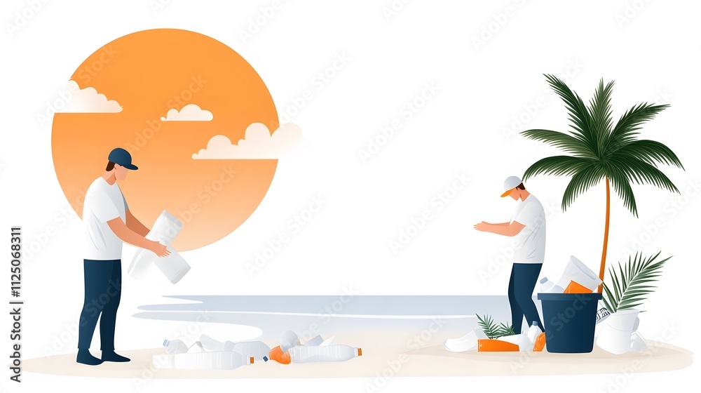 Obraz premium Flat vector illustration of a clean-up initiative to remove plastic waste from a beach