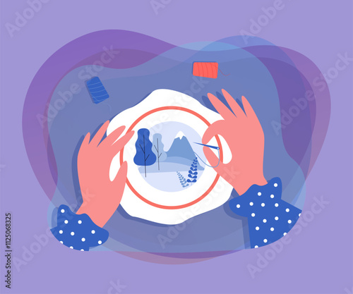 Hands holding needle and embroidering landscape. Person using embroidery hoop or frame flat vector illustration. Embroidery, creativity, hobby, needlecraft concept for banner or landing web page