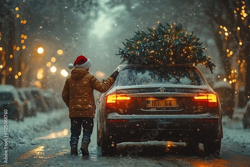 A man in a red Santa hat walking towards a car with a Christmas tree on top, decorated with twinkling lights, parked on a snowy street at night, celebrating the holiday season.
