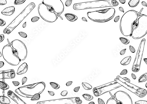 Almond seed, apple slice and cinnamon stick vector horizontal frame in black and white colors. Nuts with fruits, seasoning ingredients monochrome illustration with empty space for text.