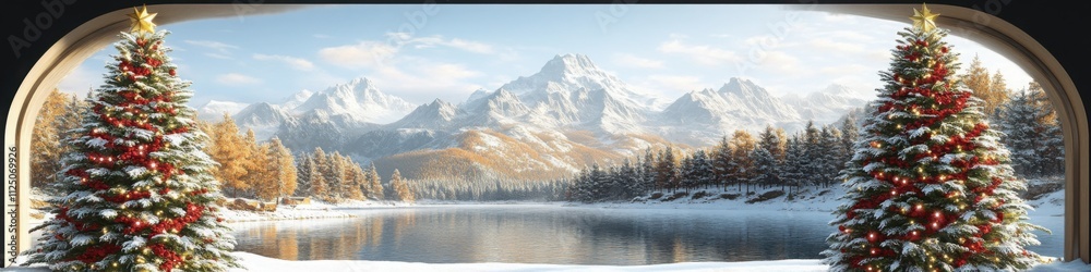 Snow-covered mountain lake framed by decorated Christmas trees, ideal for holiday banners, winter-themed wallpapers, and festive designs.
Snow-covered mountain lake framed by decorated Christmas trees, ideal for holiday banners, winter-themed wallpapers, and festive designs.