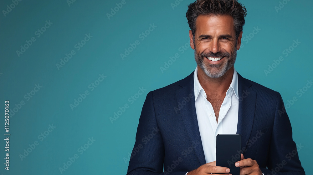 Smiling European Businessman Using Smartphone Against Blue Background Smiling European Businessman Using Smartphone Against Blue Background