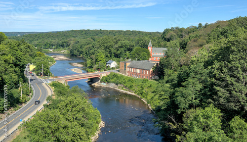 view of a bridge over the rondout creek and a small church in rosendale new york (seen from the wallkill valley rail trail) trestle crossing high falls new paltz photo