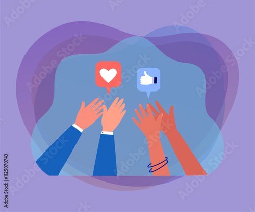 Hands of social media users clapping and sharing post. People liking service, product or photo flat vector illustration. Internet, network, communication concept for banner or landing web page