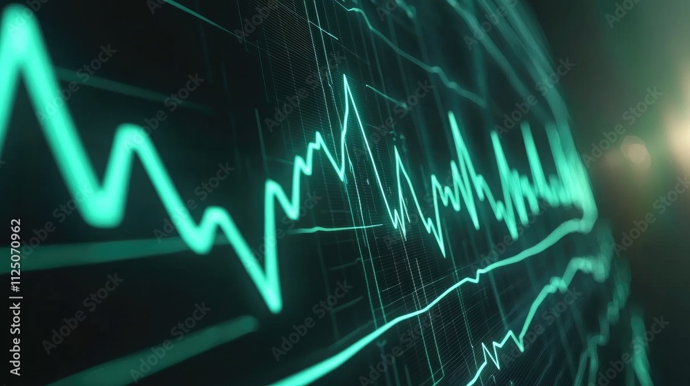 Fototapeta premium A close-up of a digital heart rate monitor displaying a heartbeat waveform, vibrant green lines against a dark background, illustrating medical technology