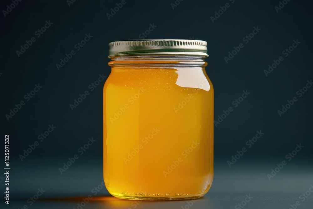 Bright Yellow Honey in Rustic Jar Against Dark Background Bright Yellow Honey in Rustic Jar Against Dark Background