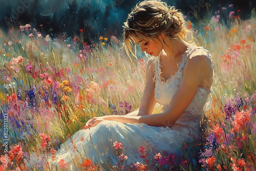 A young woman in a white dress sits contemplatively in a vibrant field of wildflowers, bathed in sunlight.