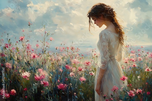 A young woman in a white dress stands in a field of pink flowers under a dreamy sky.