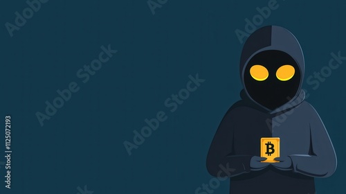 A masked figure holding a stolen Bitcoin wallet in a darkened room.