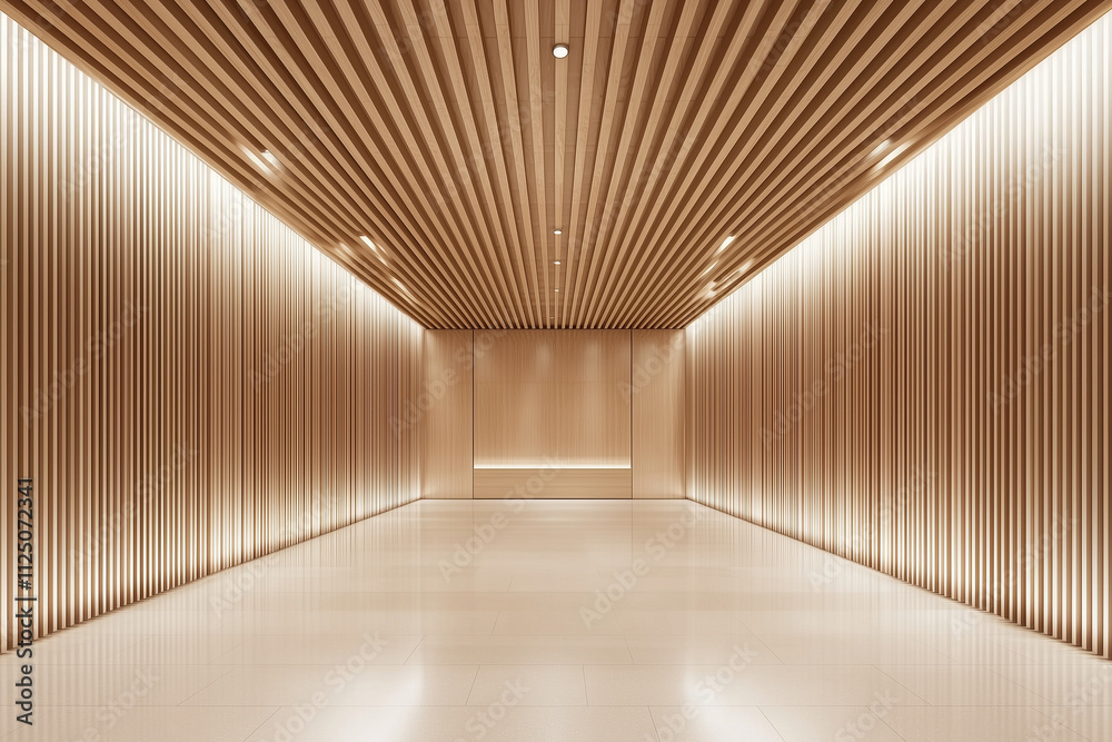 Fototapeta premium Minimalist design featuring light beech wood panels in spacious interior. warm tones and clean lines create serene atmosphere, perfect for modern architecture enthusiasts