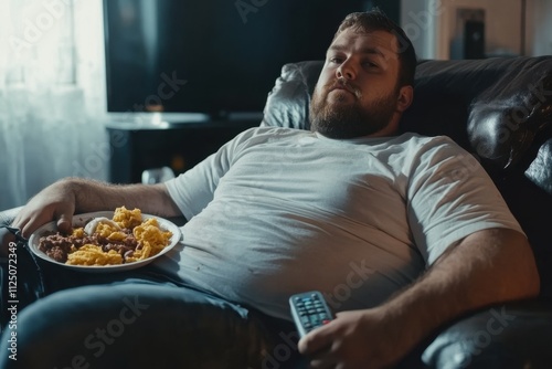 An Overweight Man Sits On A Sofa At Home, With A Plate Of Junk Food And A Remote On His Stomach, Wearing A Dirty White T-Shirt. He Lazily Watches TV, Reflecting A Sedentary And Unhealthy Lifestyle.